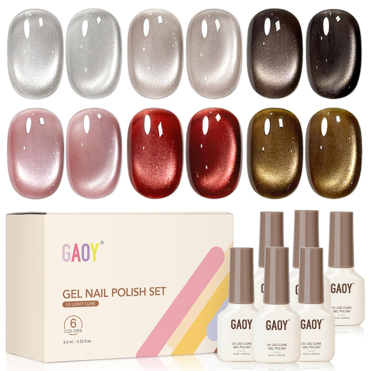 GAOY front packaging showing six glitter cat eye bottles and magnet, clear kit benefit