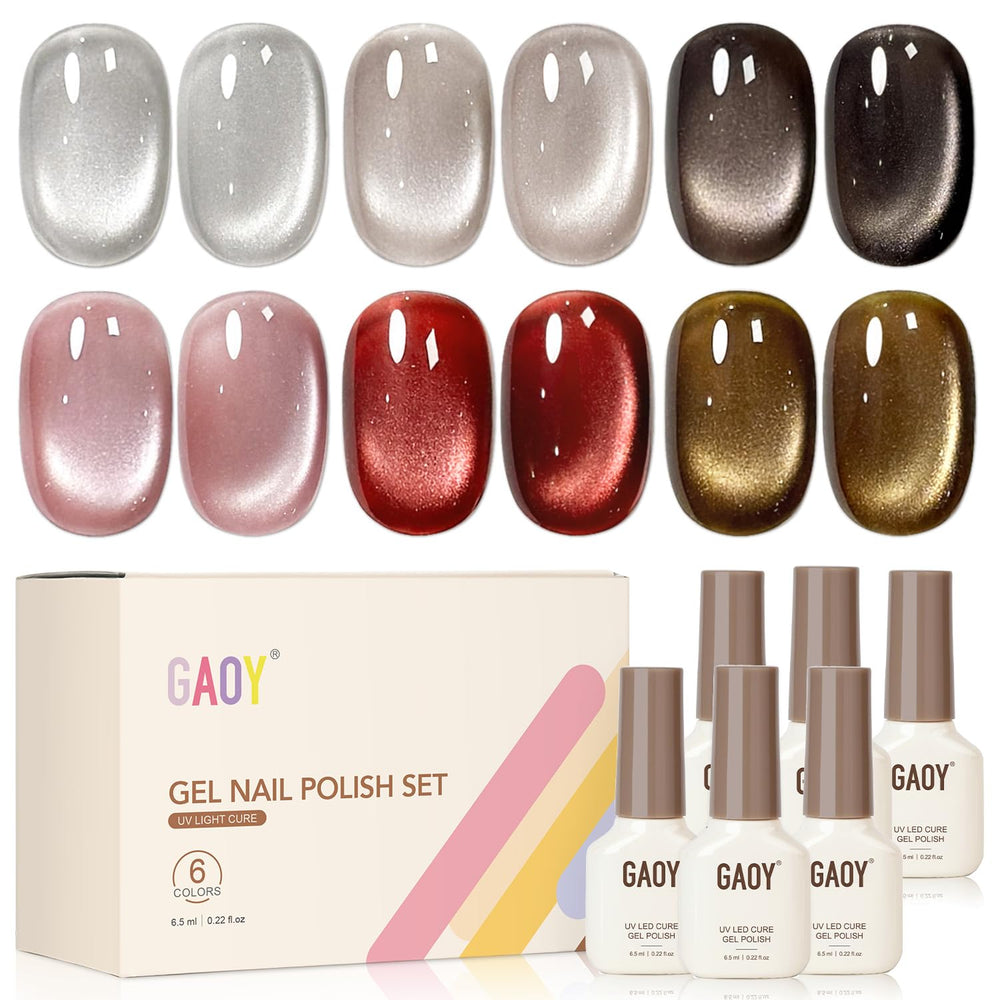 GAOY front packaging showing six glitter cat eye bottles and magnet, clear kit benefit