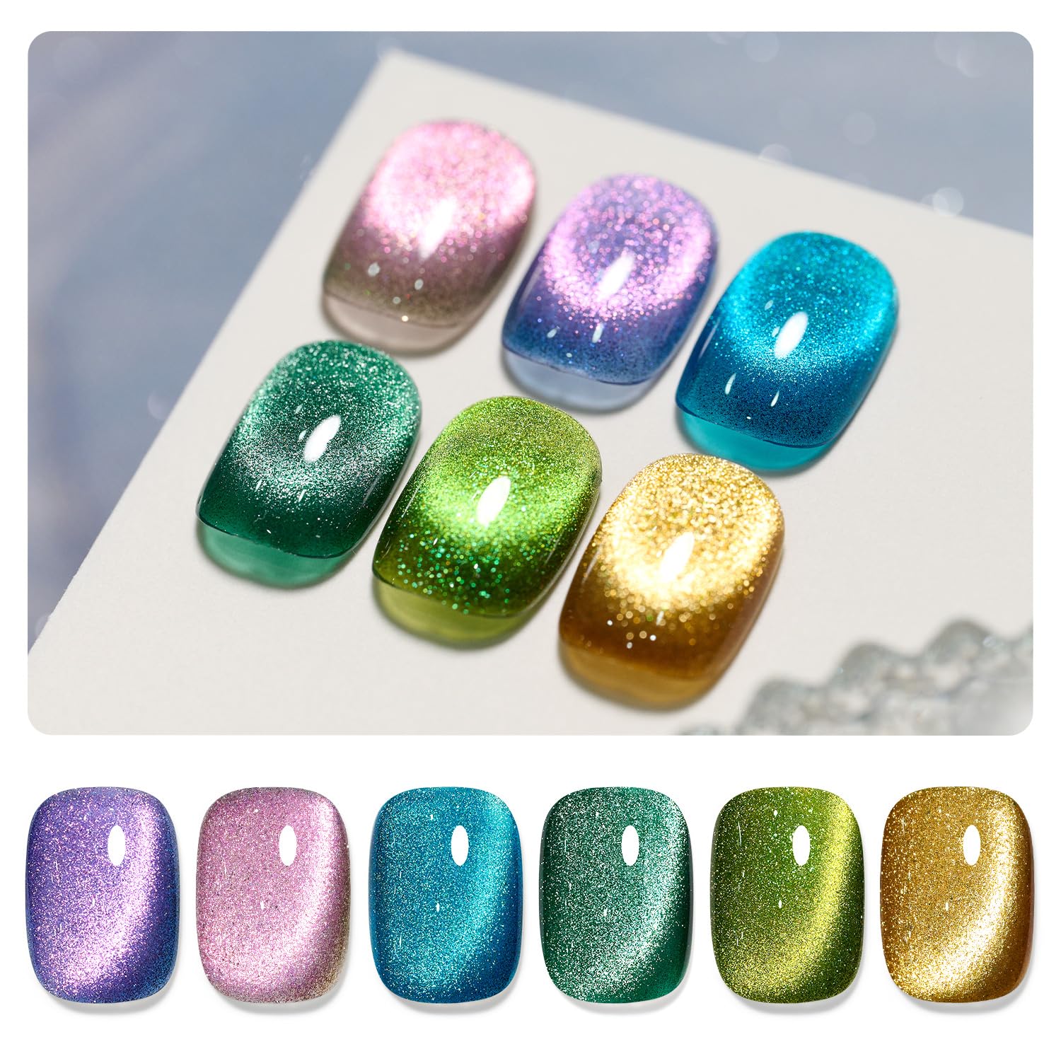GAOY front packaging showing six glitter cat eye gel bottles and magnet for versatile looks