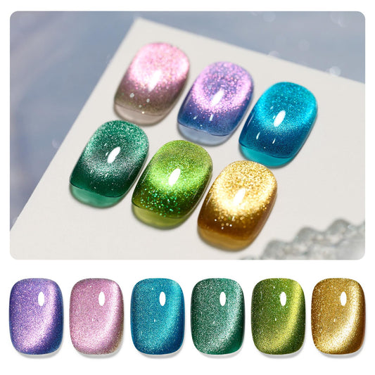 GAOY front packaging showing six glitter cat eye gel bottles and magnet for versatile looks