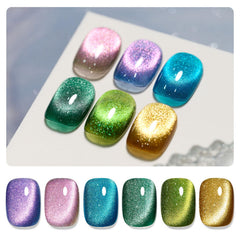 GAOY front packaging showing six glitter cat eye gel bottles and magnet for versatile looks