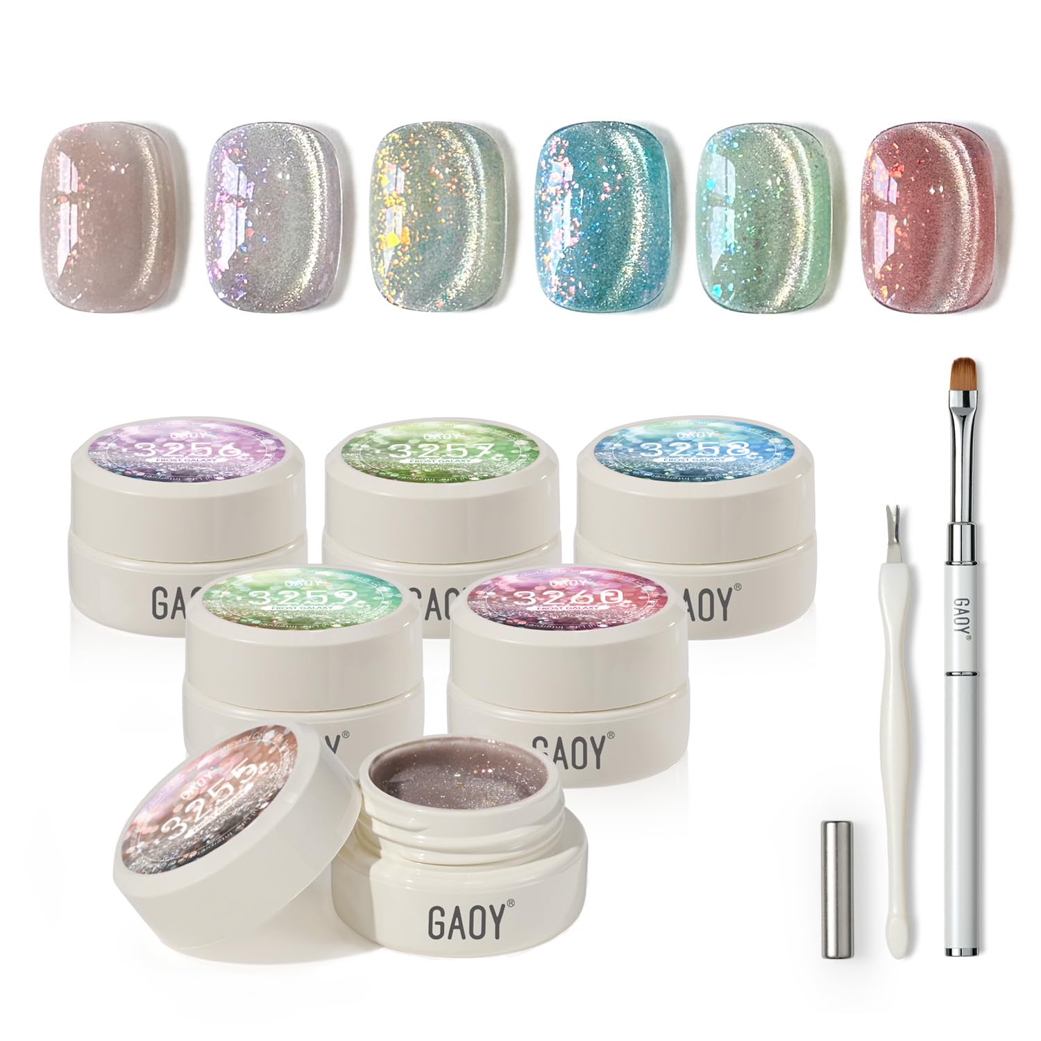 GAOY front packaging showing six glitter cat eye gel pots and tools for salon-ready sparkle