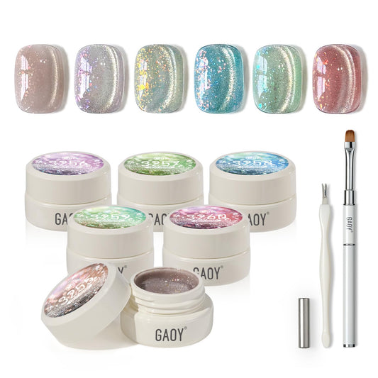 GAOY front packaging showing six glitter cat eye gel pots and tools for salon-ready sparkle