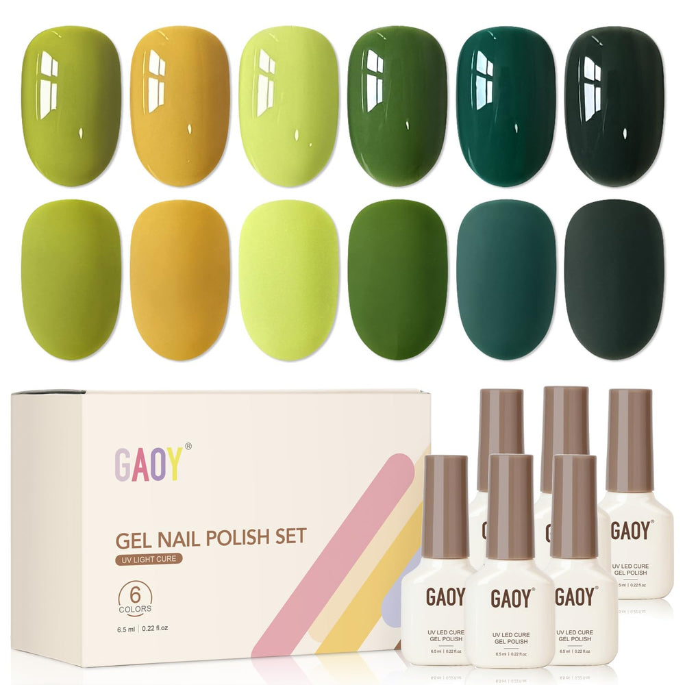 GAOY front packaging of six green gel polishes showing set and benefits