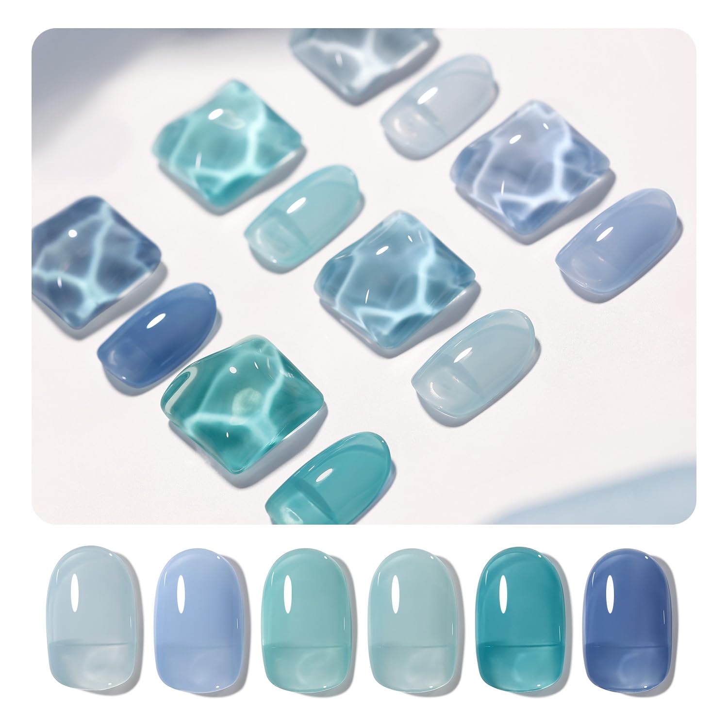 GAOY front packaging of six jelly blue gel polishes showing colors and labels, clear presentation