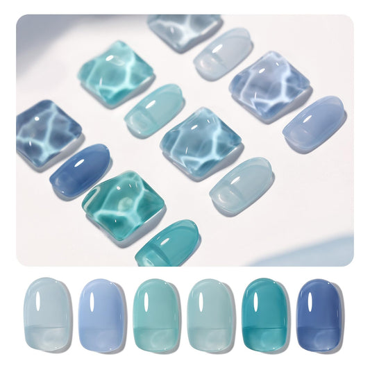 GAOY front packaging of six jelly blue gel polishes showing colors and labels, clear presentation