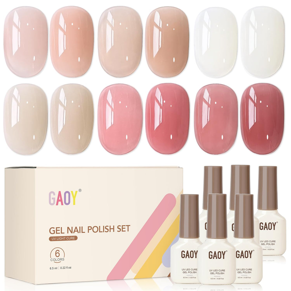 GAOY front packaging showing six sheer jelly pink red bottles and benefits