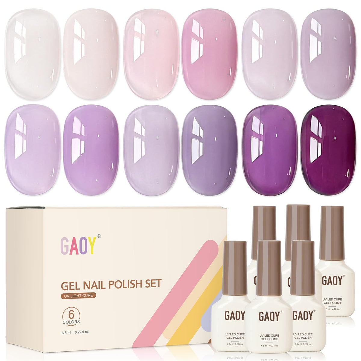 GAOY front packaging showing six jelly purple gel bottles and benefits