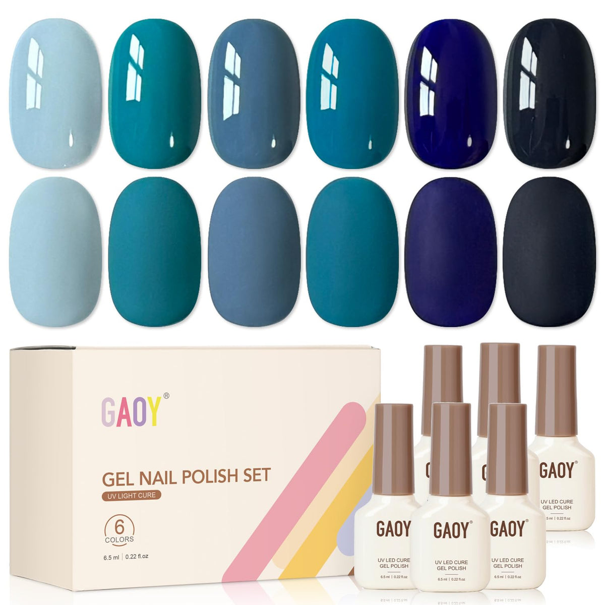 GAOY front packaging showing six navy blue gel bottles and benefits