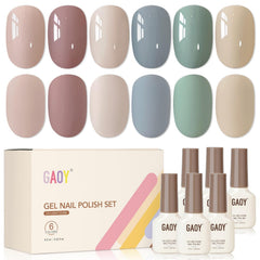 GAOY front packaging showing six neutral gel bottles and palette benefits