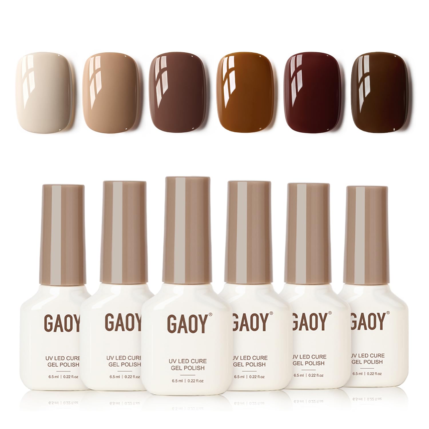 GAOY front packaging of the nude brown gel set showing coordinated shades and compact box, clear starter kit benefit