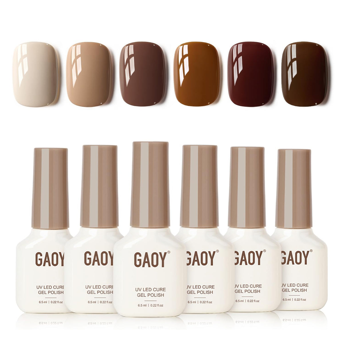 GAOY front packaging of the nude brown gel set showing coordinated shades and compact box, clear starter kit benefit