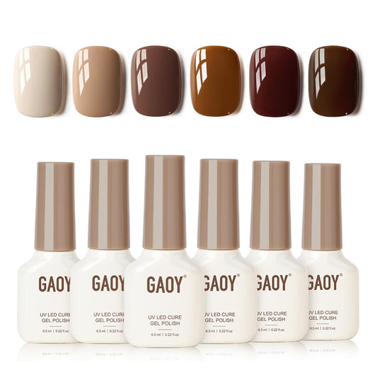 GAOY front packaging of the nude brown gel set showing coordinated shades and compact box, clear starter kit benefit