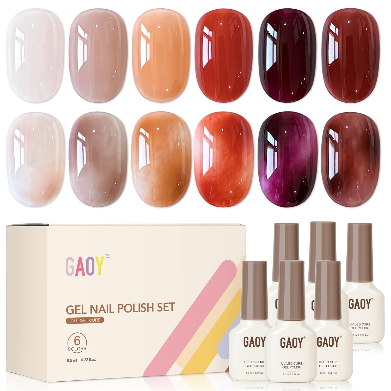 GAOY front packaging showing six sheer gel bottles and kit benefit