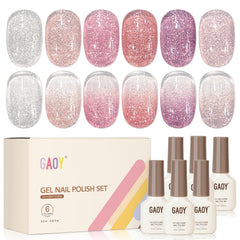 GAOY front packaging pastel set showing six glitter gel bottles and benefits