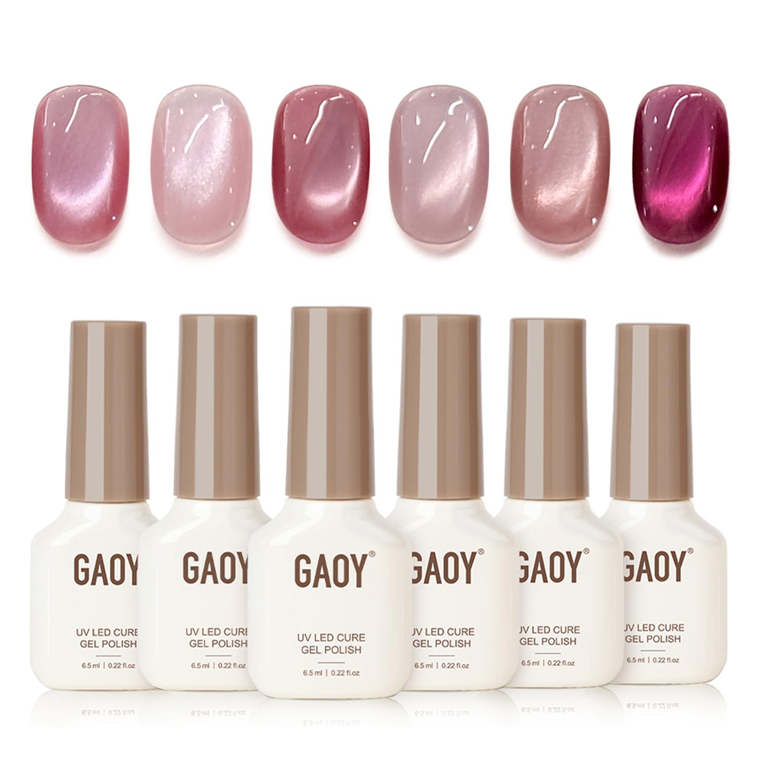 GAOY front packaging showing six cat eye gel bottles and magnet, showcasing value