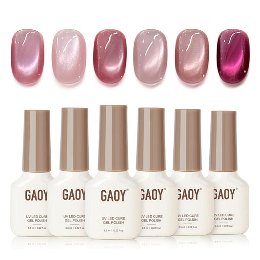 GAOY front packaging showing six cat eye gel bottles and magnet, showcasing value