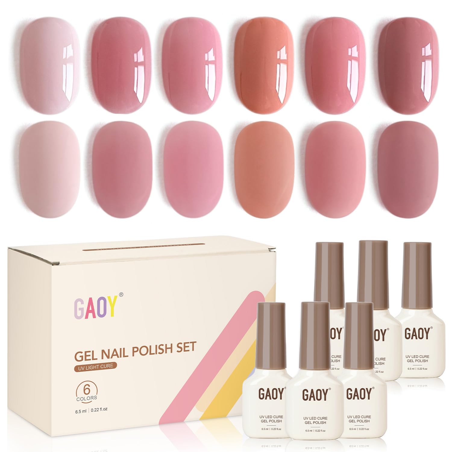 GAOY front packaging of pink gel set showing six nude jelly shades and benefit of variety