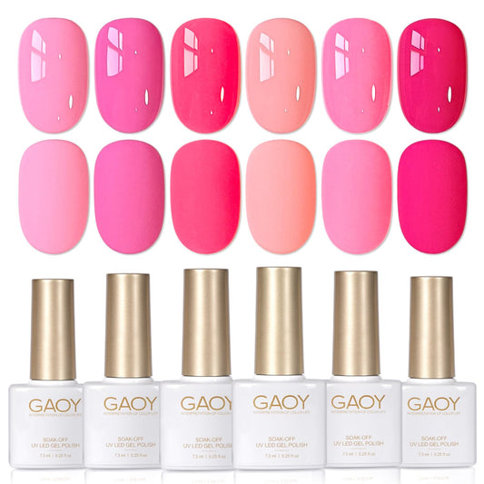 GAOY front packaging showing six pink gel bottles and glossy finish benefit