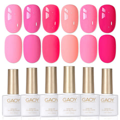 GAOY front packaging showing six pink gel bottles and glossy finish benefit