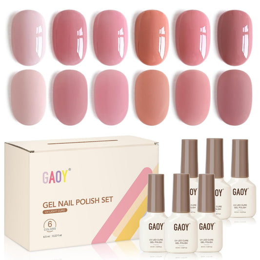 GAOY front packaging of pink gel set showing six nude jelly shades and benefit of variety