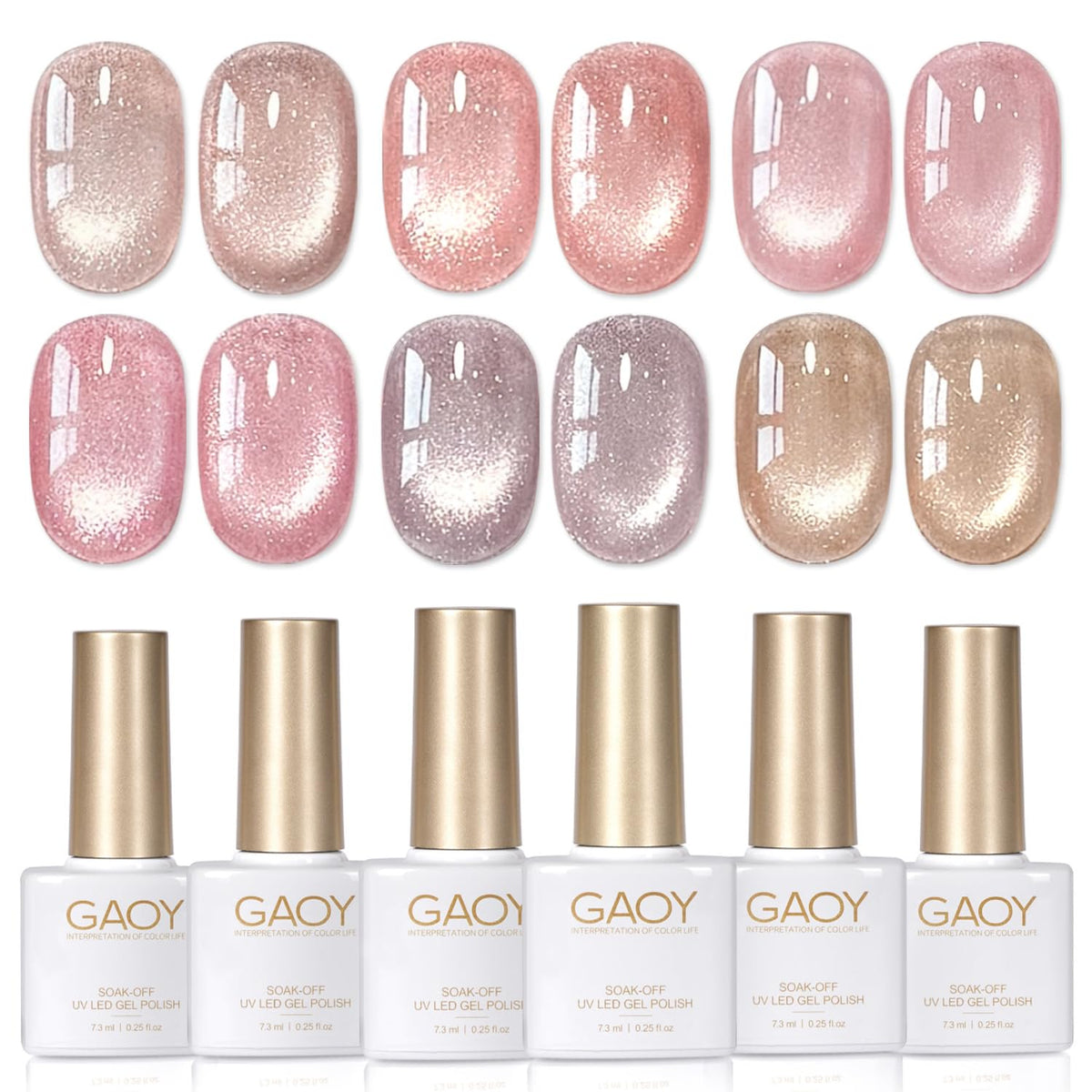 GAOY front packaging showing six cat eye gel polish bottles and magnet for easy choice