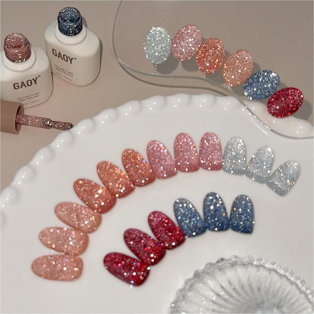 GAOY front packaging showing six reflective glitter gel bottles with premium appeal