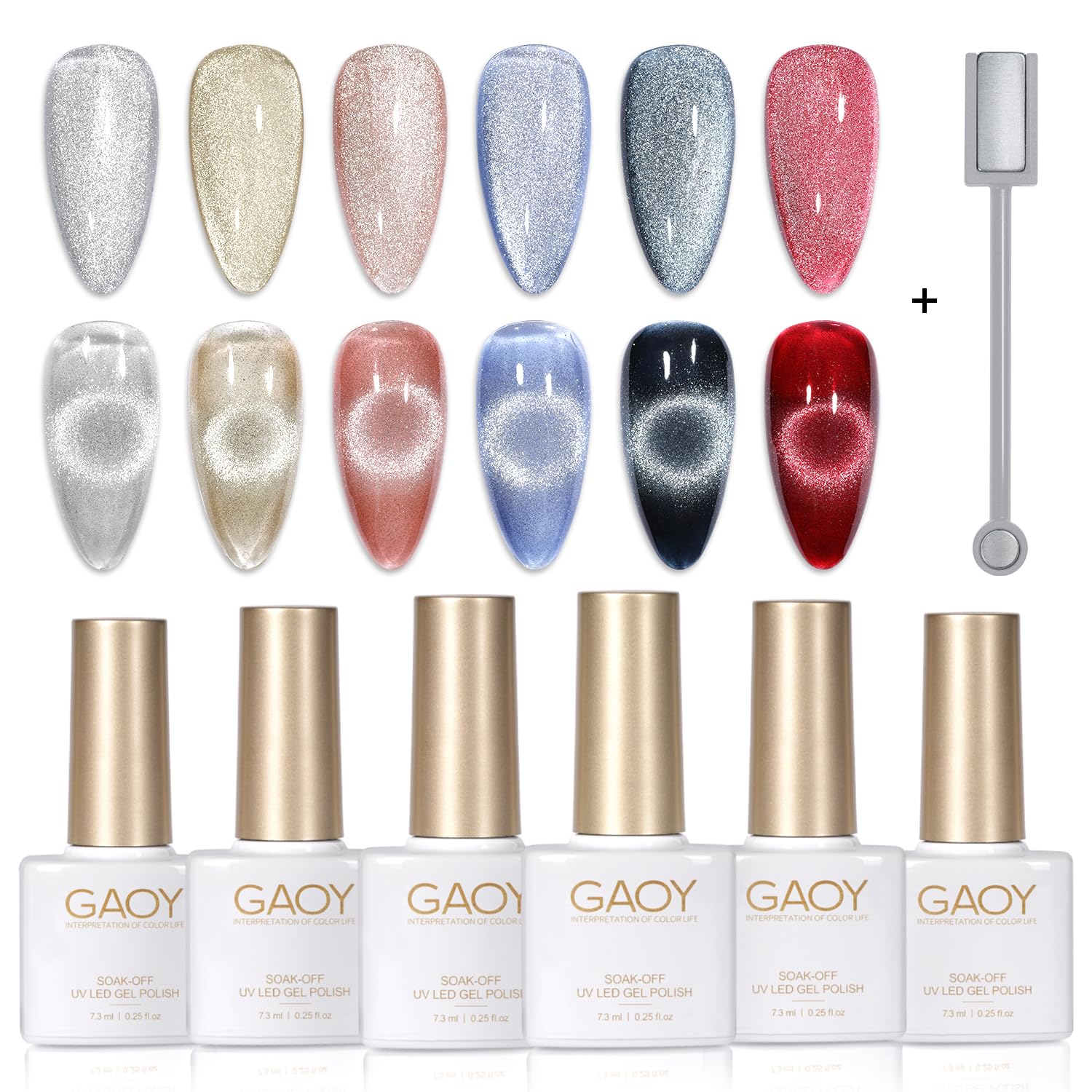 GAOY front packaging showing six gel bottles and magnet, professional kit benefit