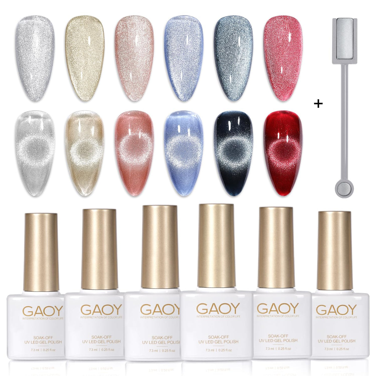 GAOY front packaging showing six gel bottles and magnet, professional kit benefit