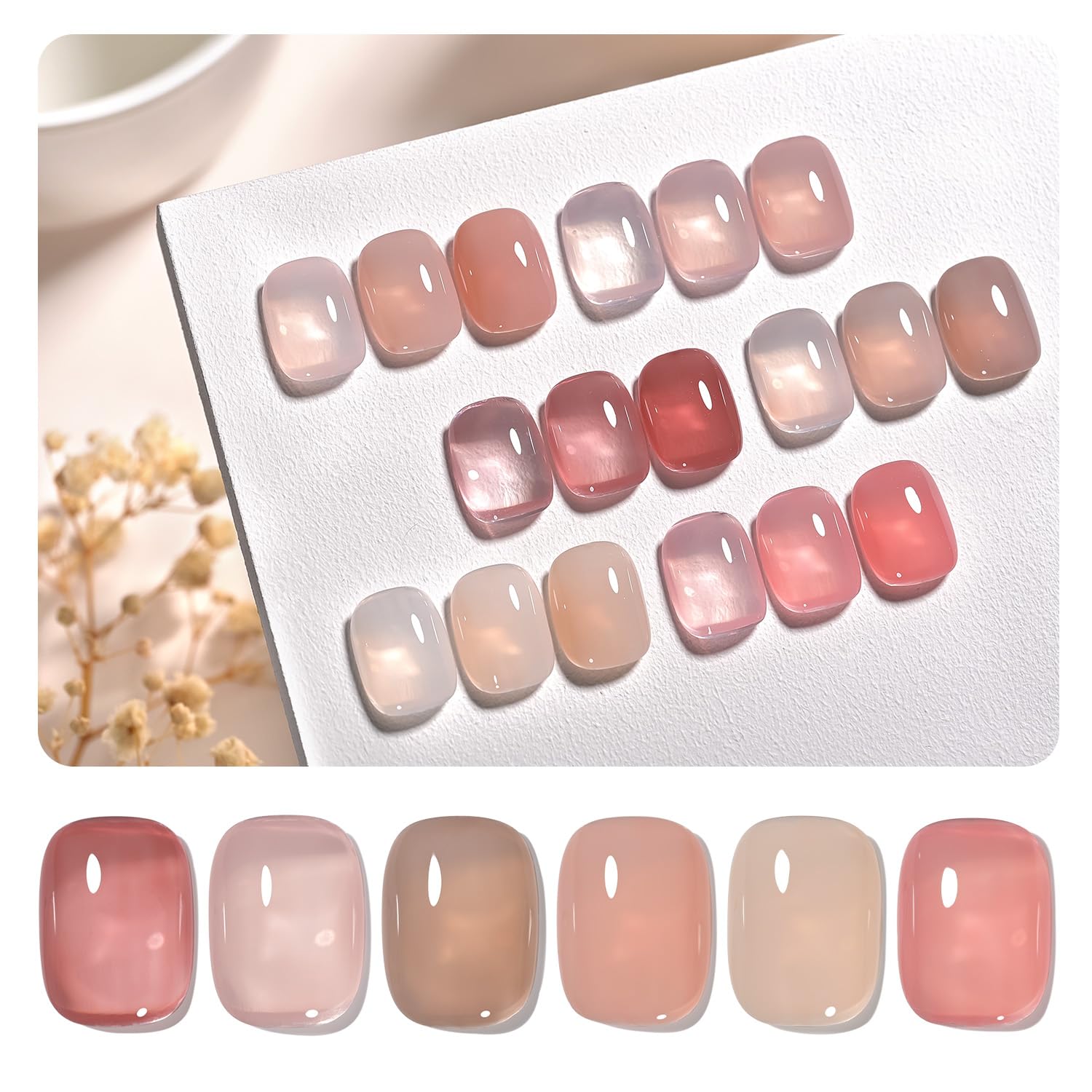 GAOY front packaging showing six nude gel bottles and kit benefit portable set