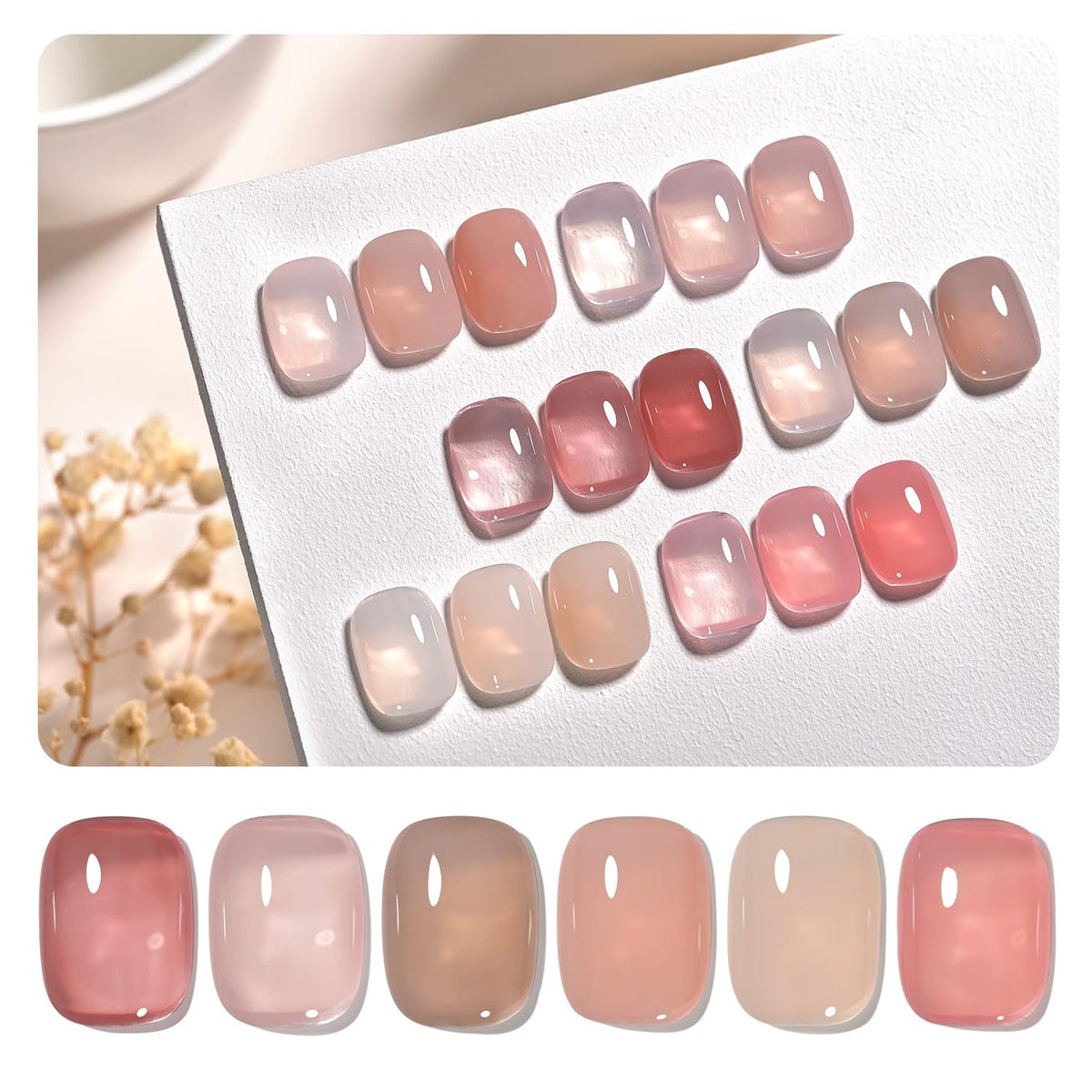 GAOY front packaging showing six nude gel bottles and kit benefit portable set