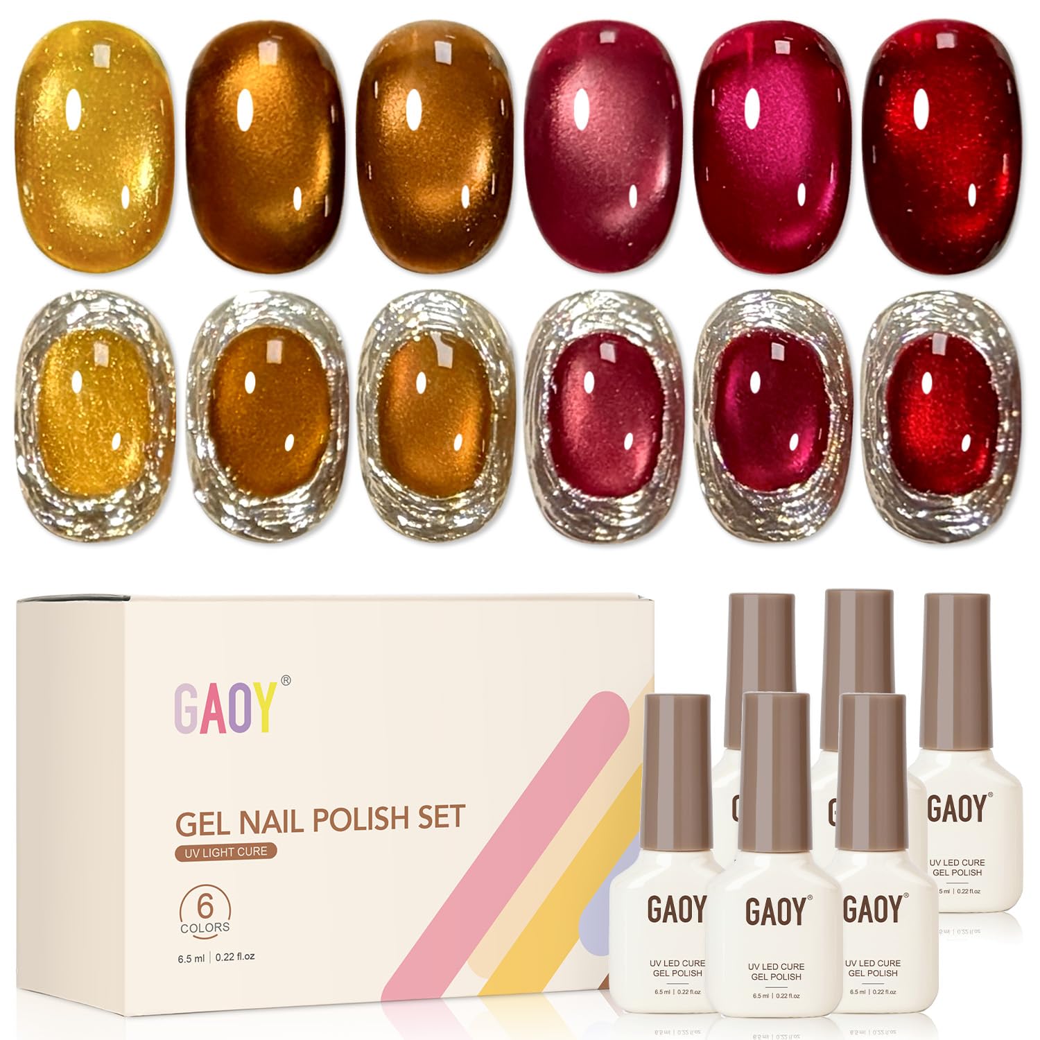 GAOY front packaging showing six magnetic glitter gel bottles and magnet, great starter kit