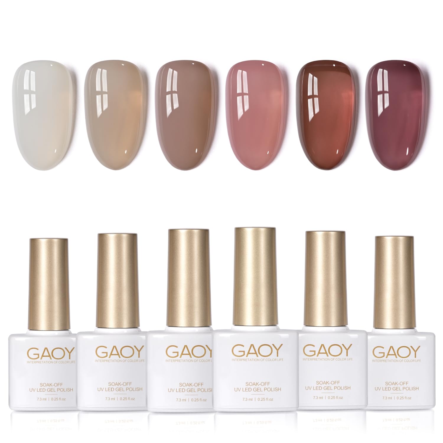 GAOY front packaging showing six translucent gel bottles and color range benefits