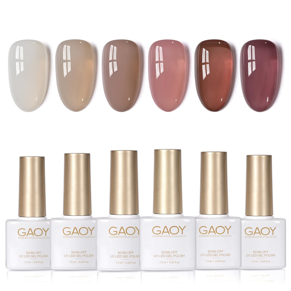 GAOY front packaging showing six translucent gel bottles and color range benefits