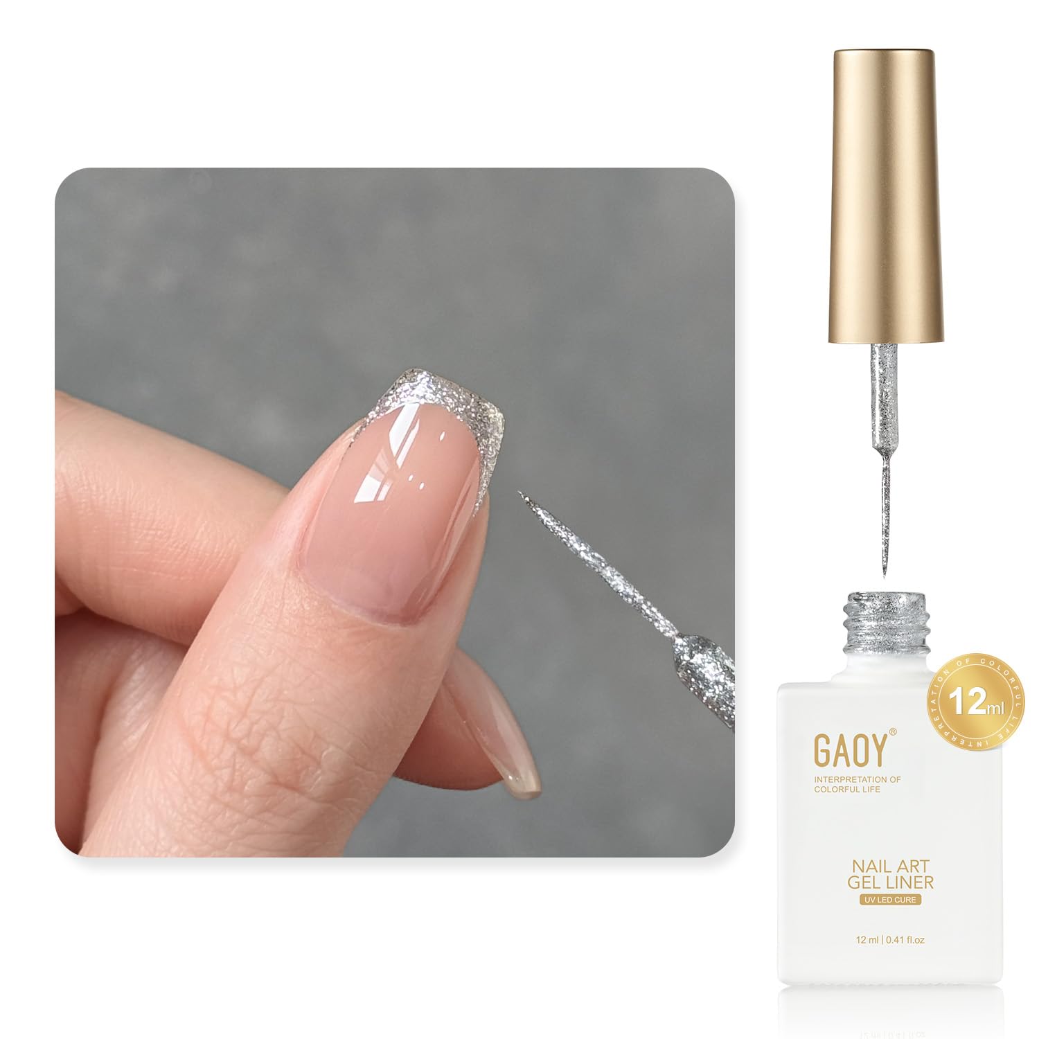 GAOY bottle front packaging showing silver glitter and label for clear recognition and appeal