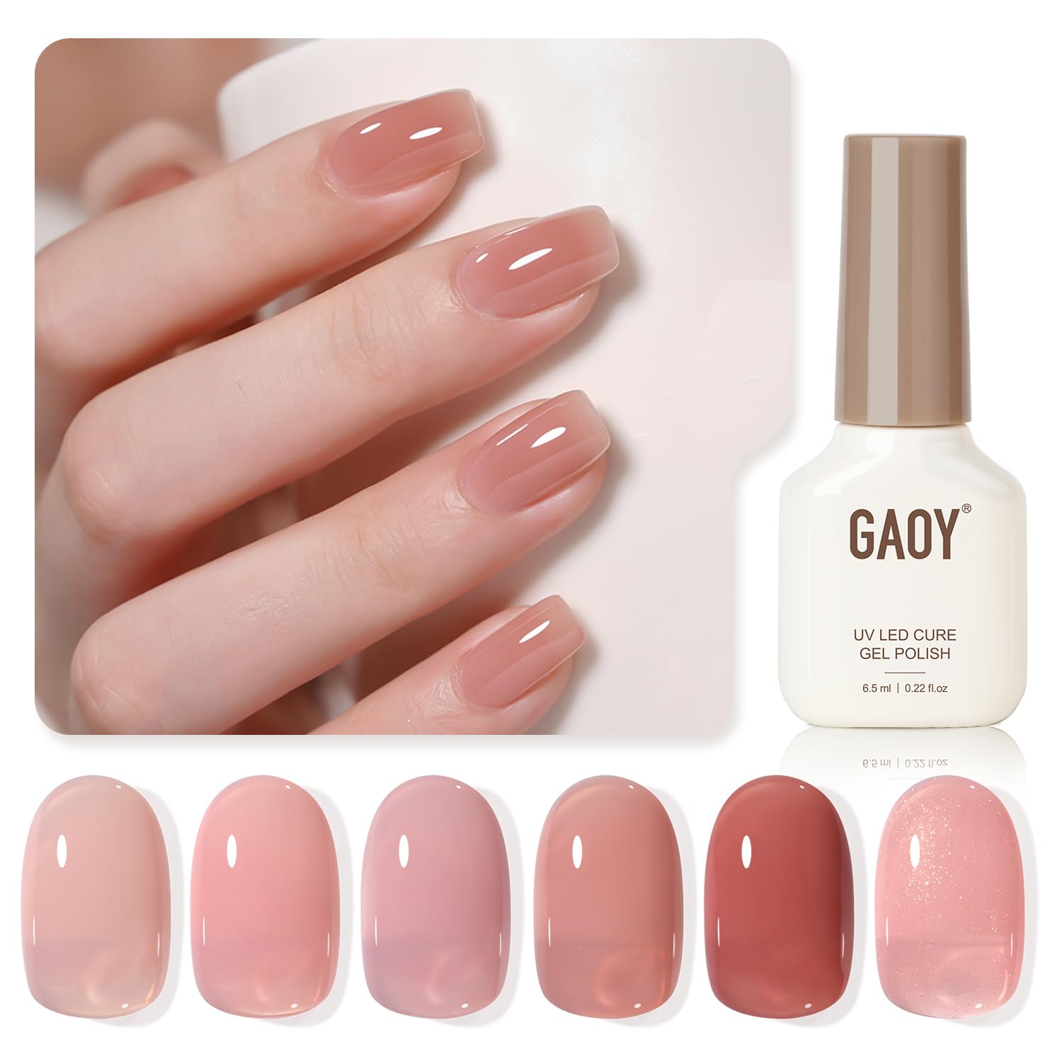 GAOY front view of six bottles showing the nude jelly gel kit and organized packaging benefit