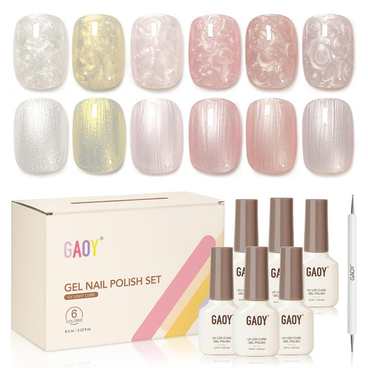 GAOY front packaging showing six pearlescent gel bottles and included dotting pen, clear kit view and benefit