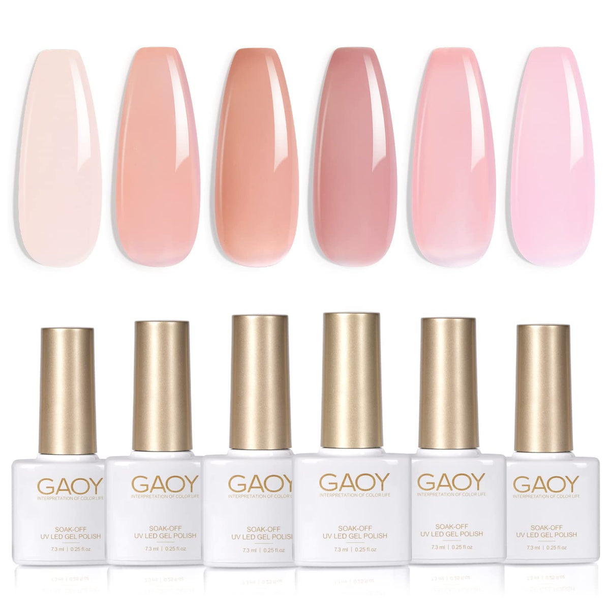 GAOY front packaging showing six sheer pink gel bottles and easy selection benefit