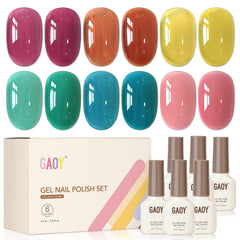 GAOY front-packaging showing six sheer gel bottles and clear benefit of color variety