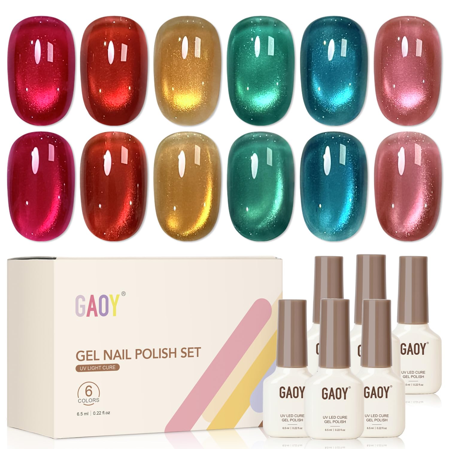 GAOY front packaging showing six bottles and magnet tool, easy salon-style results