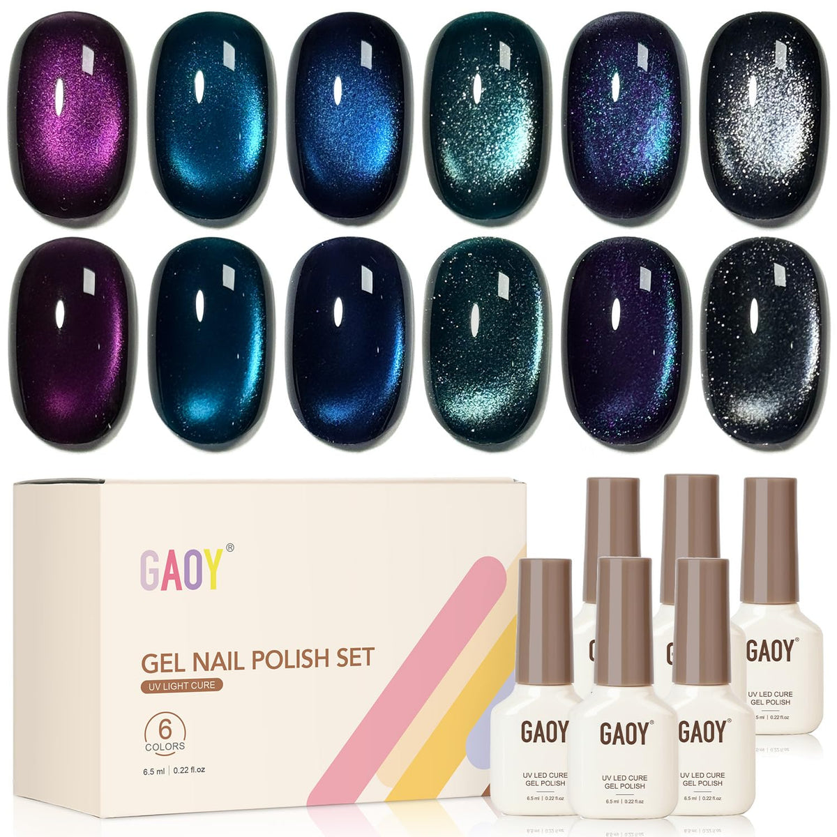 GAOY front packaging with six gel bottles showing color variety and ready-to-use benefit