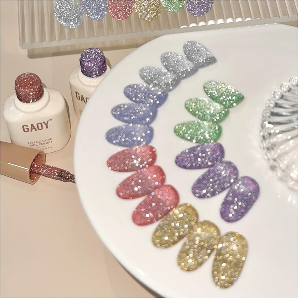 GAOY front packaging showing six reflective gel bottles and vibrant colors for variety