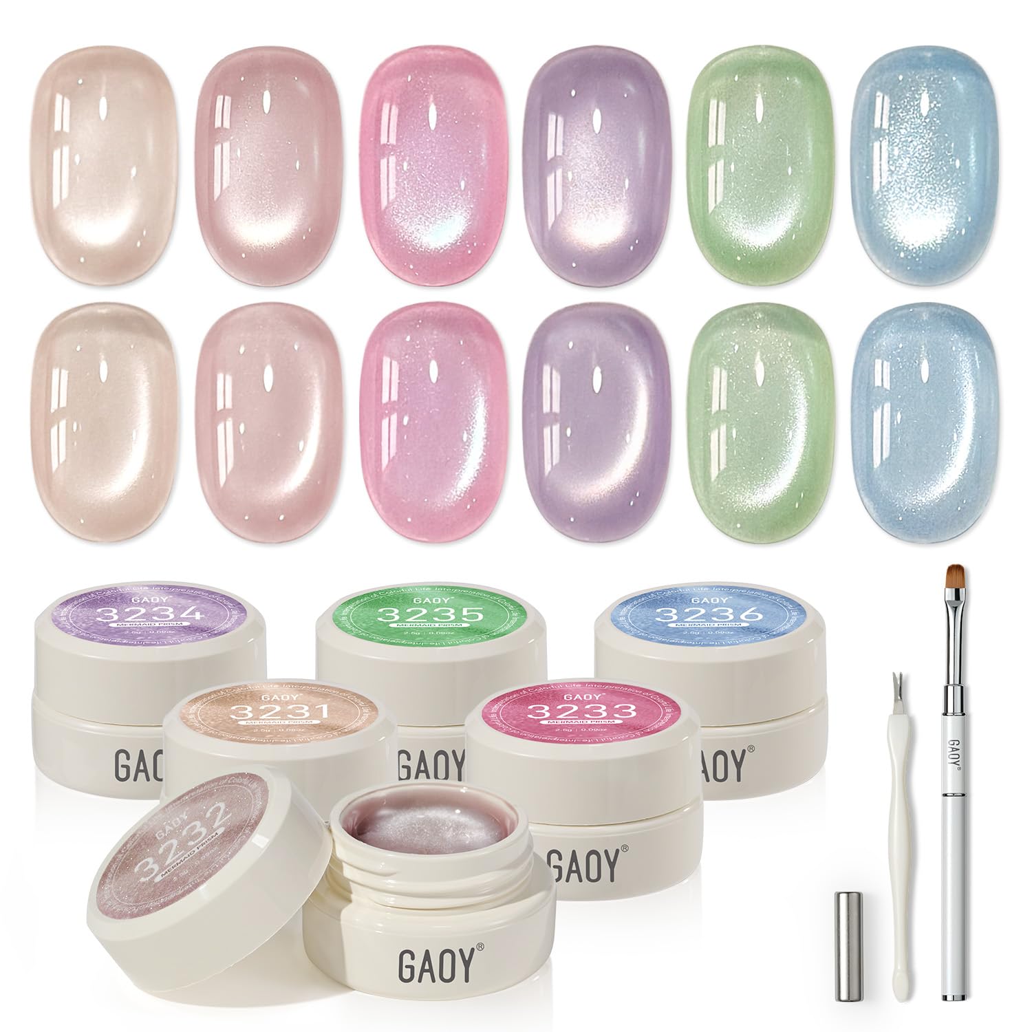 GAOY front view of six sheer silk gel pots showing mermaid prism colors