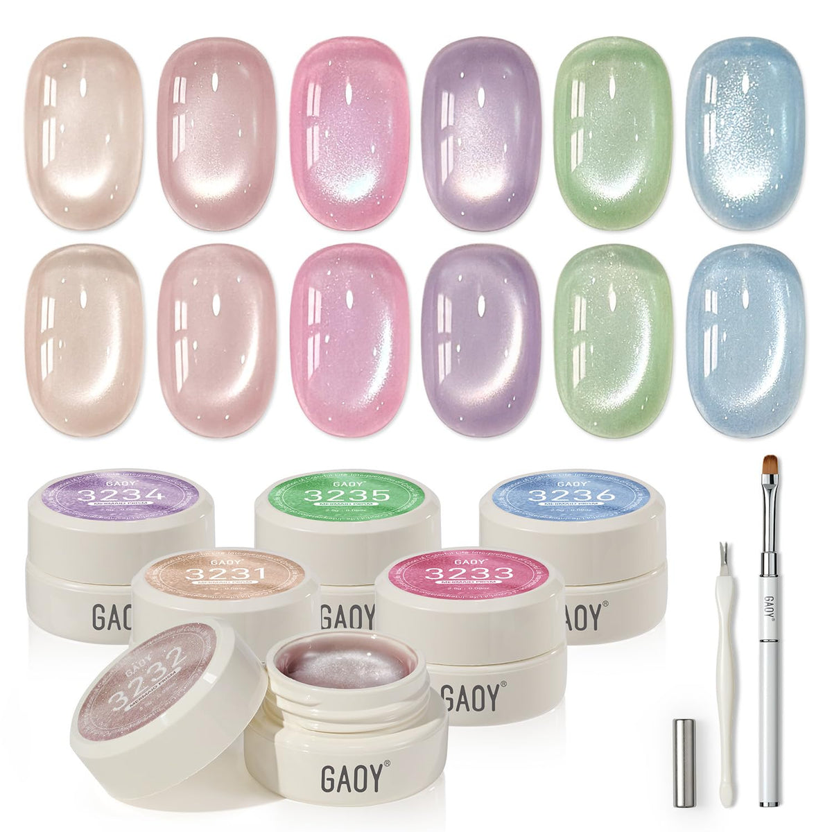 GAOY front view of six sheer silk gel pots showing mermaid prism colors