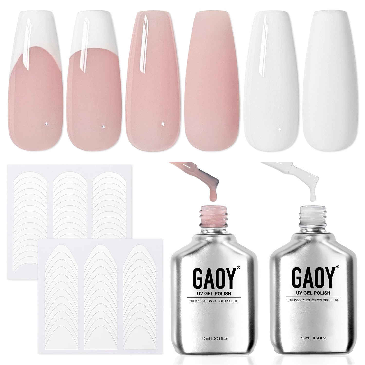 GAOY front packaging showing both gel polish bottles and stickers for easy selection