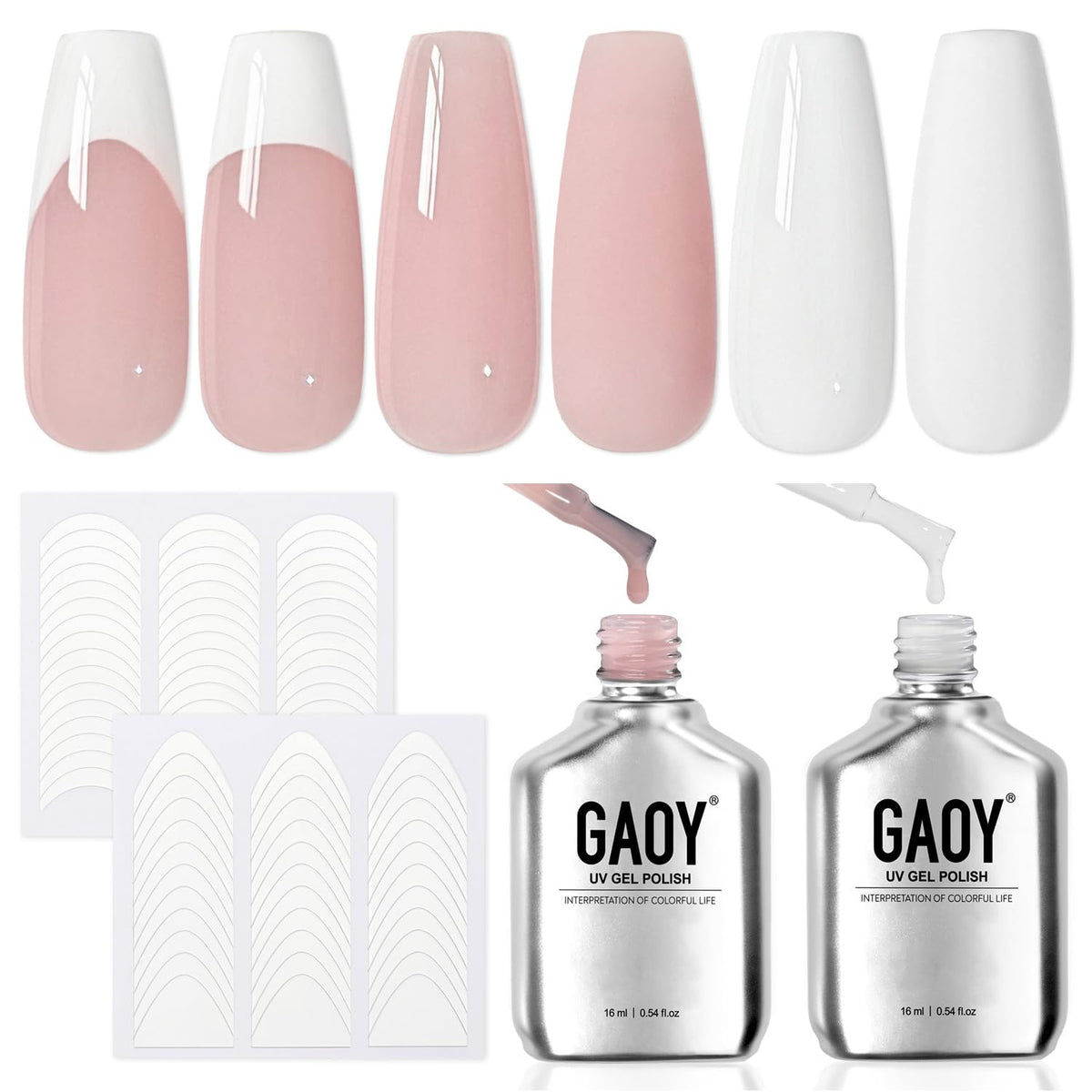 GAOY front packaging showing both gel polish bottles and stickers for easy selection