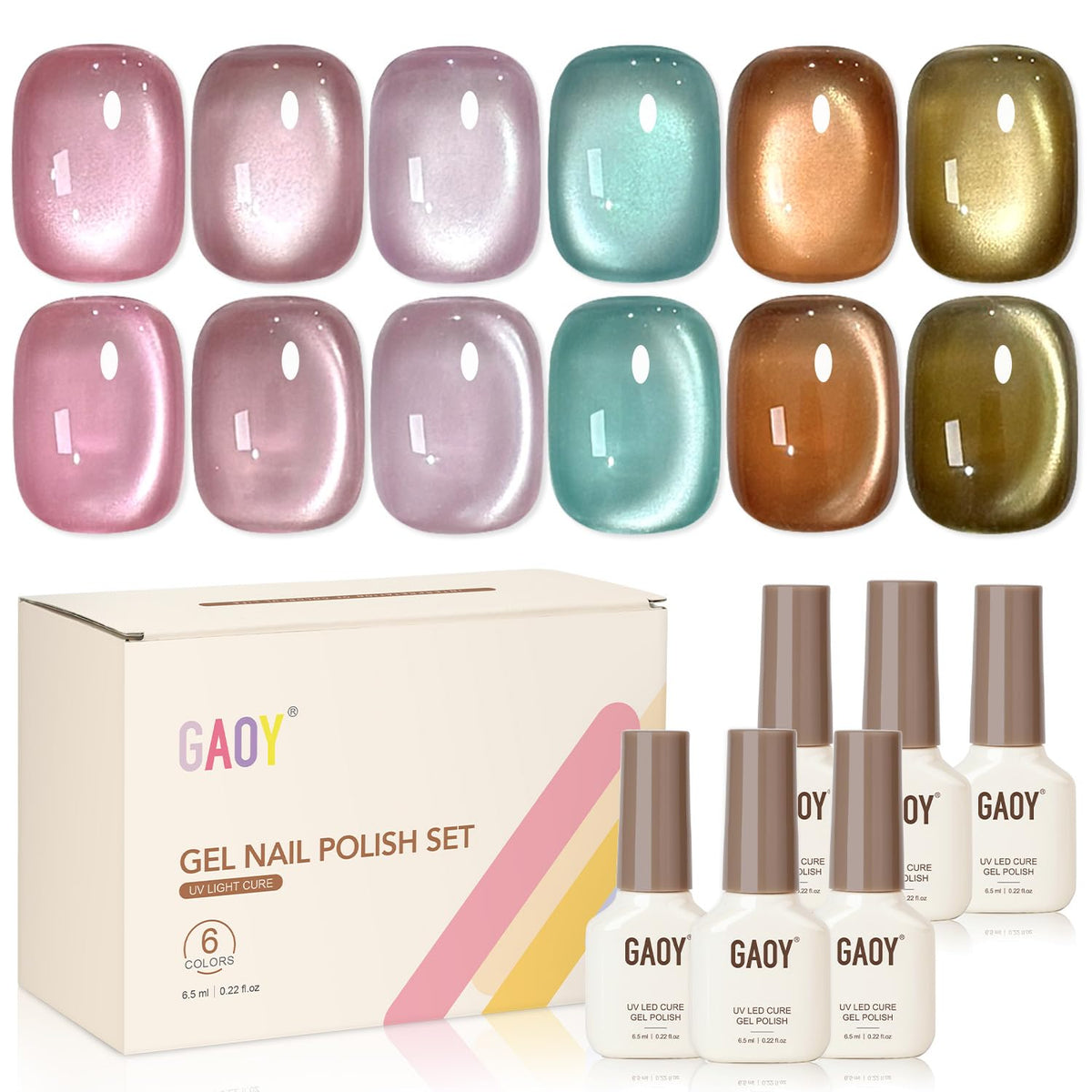GAOY front packaging showing six gel bottles and magnet, professional kit benefit