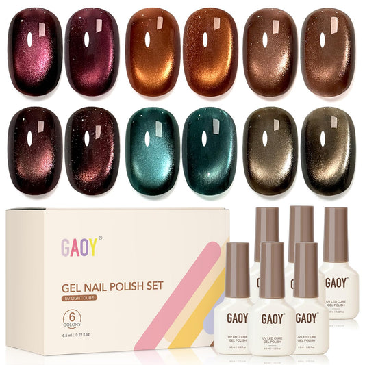 GAOY front packaging showing six glitter cat eye gel polish bottles for versatile manicures