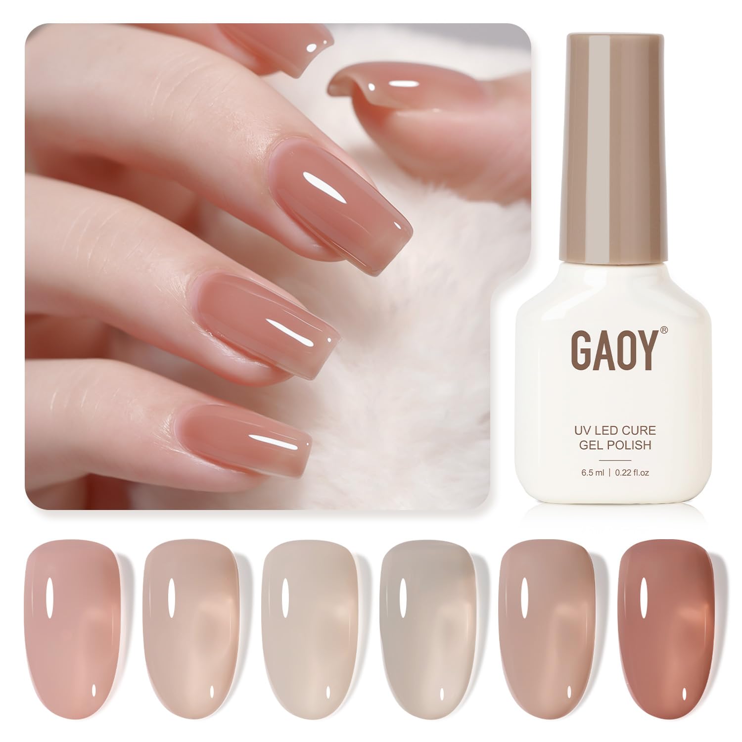 GAOY front packaging showing six sheer gel bottles and kit benefit easy selection