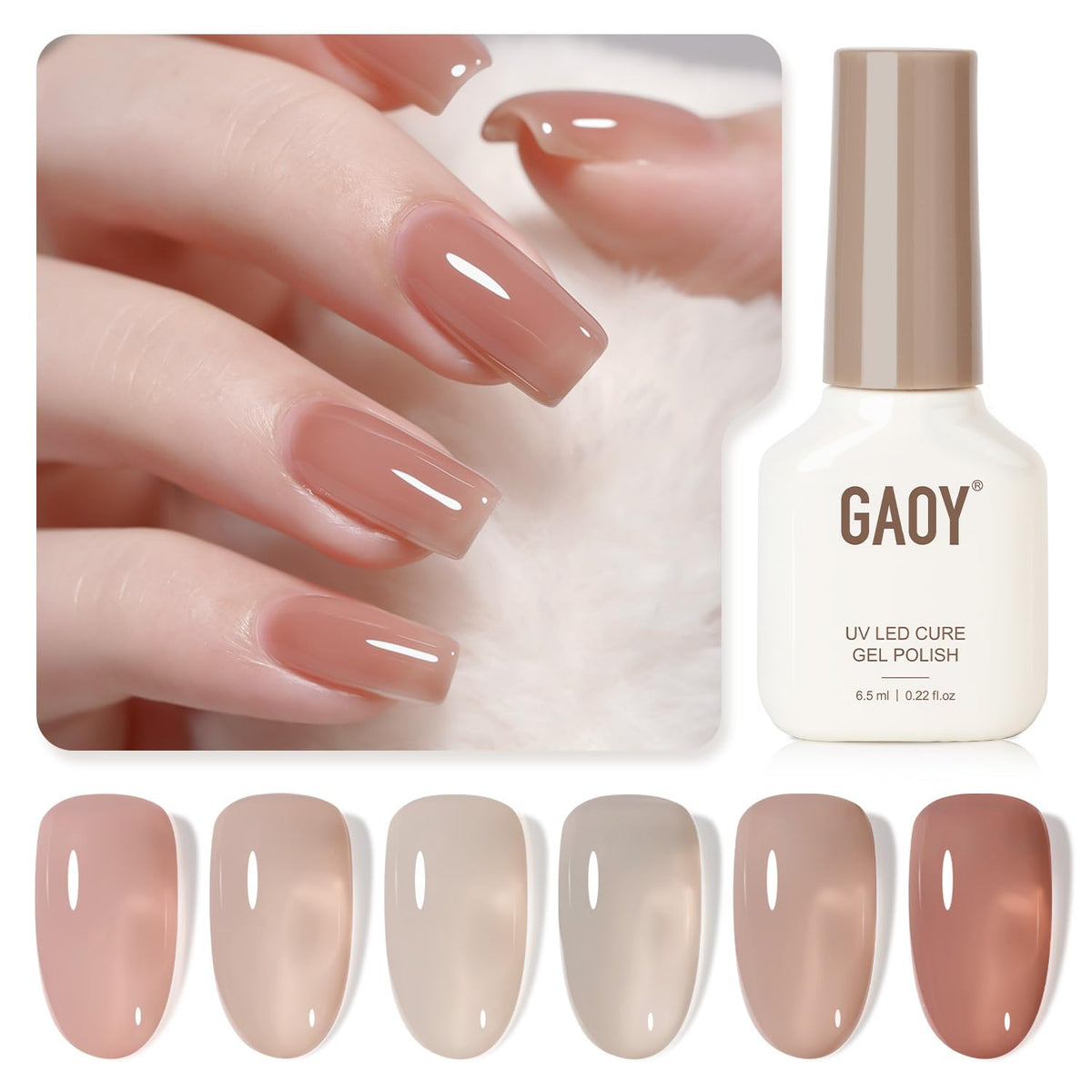 GAOY front packaging showing six sheer gel bottles and kit benefit easy selection